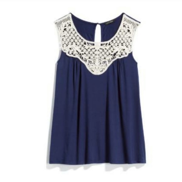 Market & Spruce Tops - Market & Spruce Blue Tank with Crochet Neckline